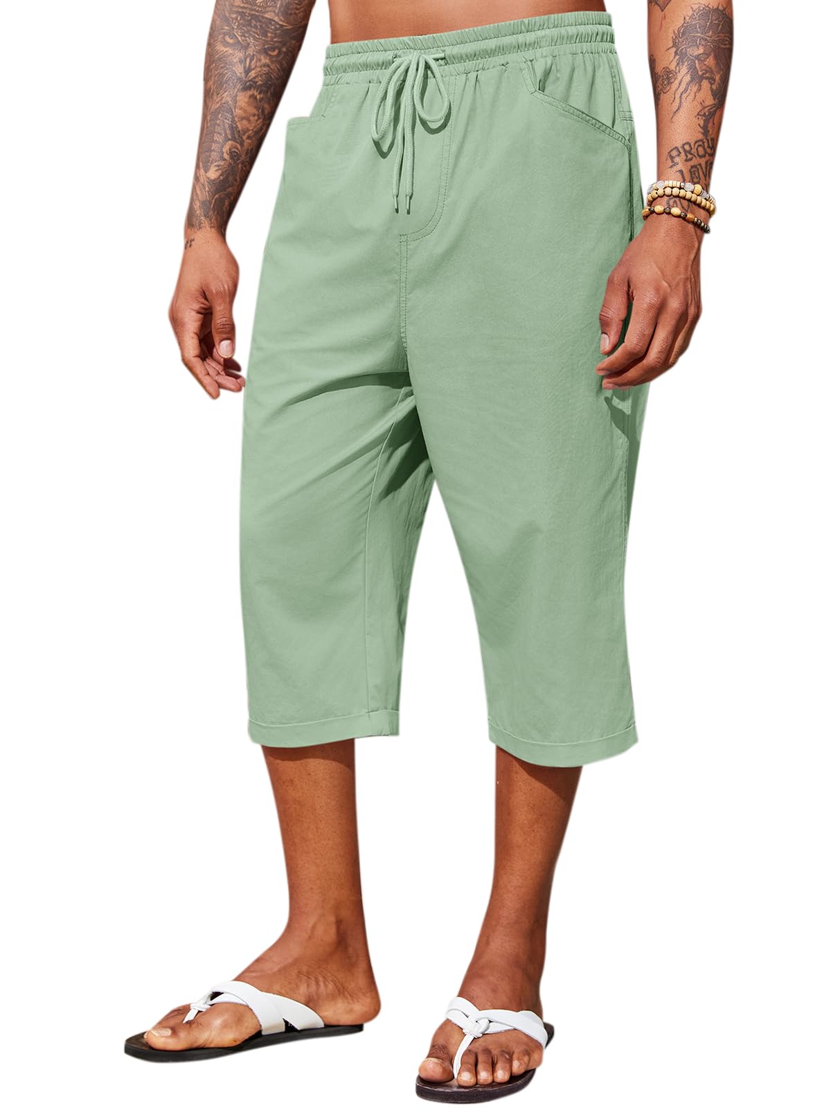 Runcati Mens Harem Capri Pants Casual Elastic Waist Cotton 3 4 Shorts Summer Beach Yoga Tapered Trousers