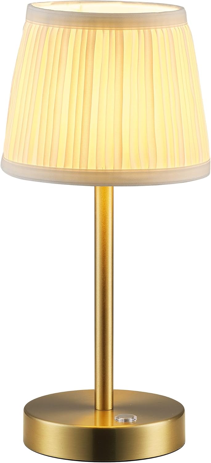 PUSU Cordless LED Gold Table Lamp, Rechargeable 4000mAh 3 Way Dimmable Bedside Small Lamp with Fabric Shade, Lighting for Bedroom, Kids Room, Bathroom, Kitchen, Home Decor, Gift, Night Light Gold + Beige Lampshde