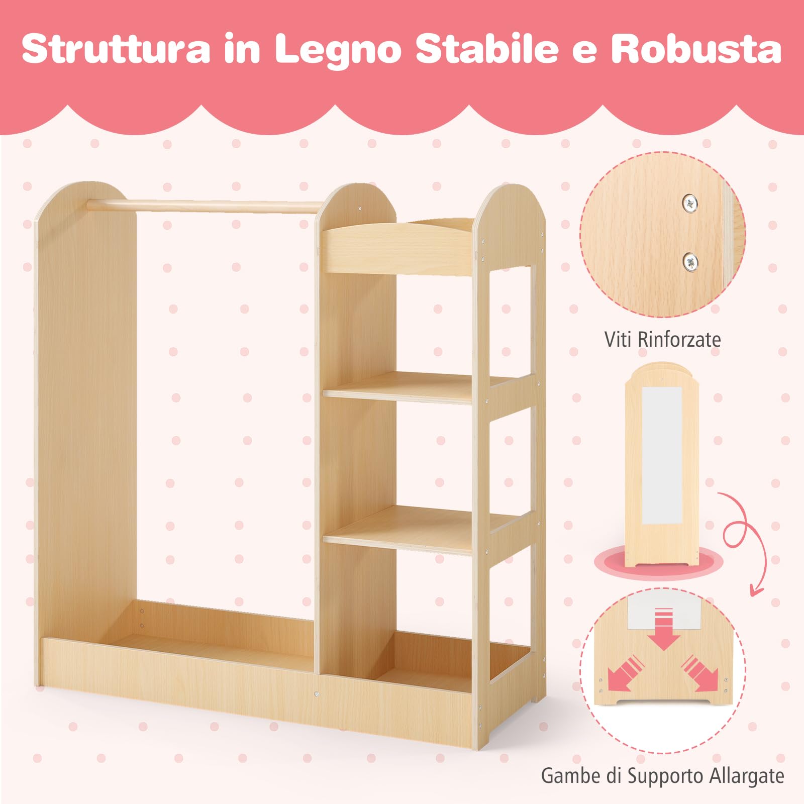 RELAX4LIFE Organizer Armadio per Bambini con Specchio, Appendiabiti e 4 Ripiani Aperti, Appendiabiti per Bambini per Cameretta, 93,5x38x100cm (Pink) (Naturale)