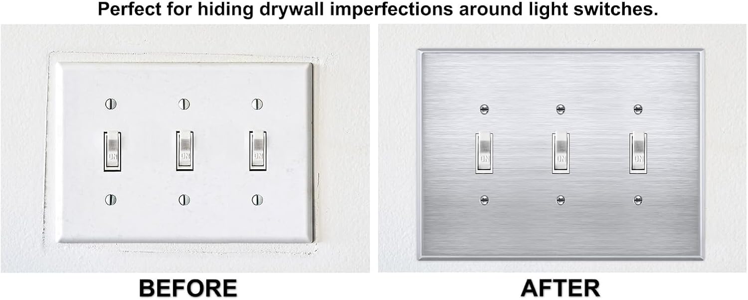 OVERSIZED 3 Gang Toggle Stainless Steel Light Switch Cover - Jumbo Three Gang Toggle Metal Wall Plate for Toggle Switches, 430 Stainless Steel - Satin finish, UL Listed, Made in USA, 5.5 x 7.5 Inches