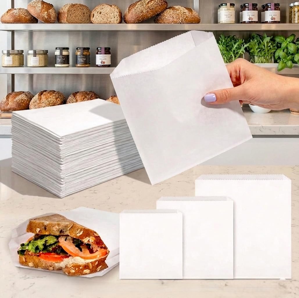 Hot Bargains White Pack Of 1000 Greaseproof Paper Food Bags 8.5" X 8.5" Size Colour 100% Grease Resistant For Sandwich & Takeaway Bags Perfect For Bakery Goods, Fried Foods (1000, 8.5" X 8.5")