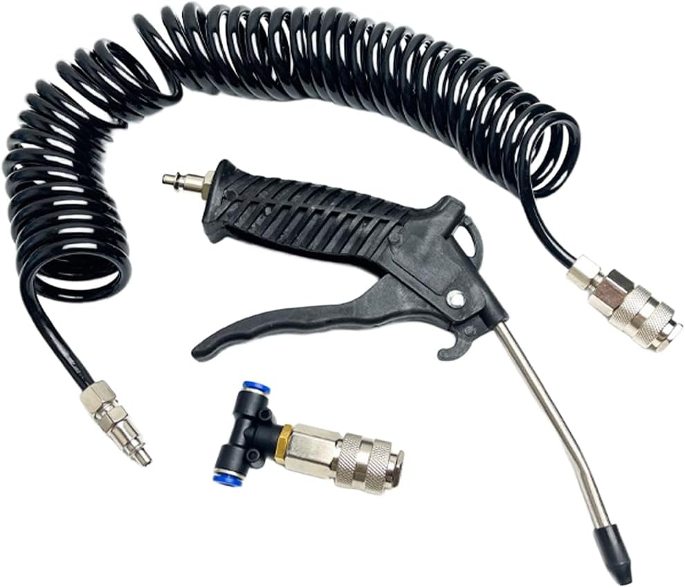 Air Blow Gun Kit, Heavy Duty Seat Blow Spray Tool with 16FT Long Coil Air Hose & T Adapter, Pneumatic Duster Gun Cleaning Nozzle Kit for Cars, Trucks, Semi Trailers