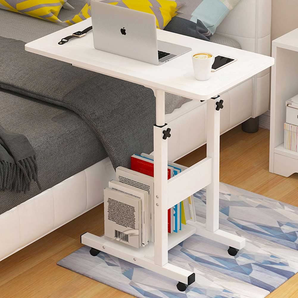 BAKAJI Bureau Table de Travail Porte Pc Ordinateur Hauteur Table Réglable Lit Lit Canapé avec Plan et Tablette en Bois MDF Structure Métal Design Moderne 60 x 40 x 86 cm (Blanc)