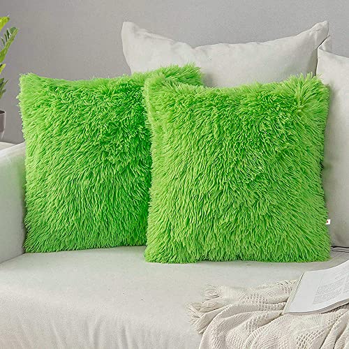 Image of Soft Fur Cushion Cover Green Cushion Covers 45cm x 45cm Set 2