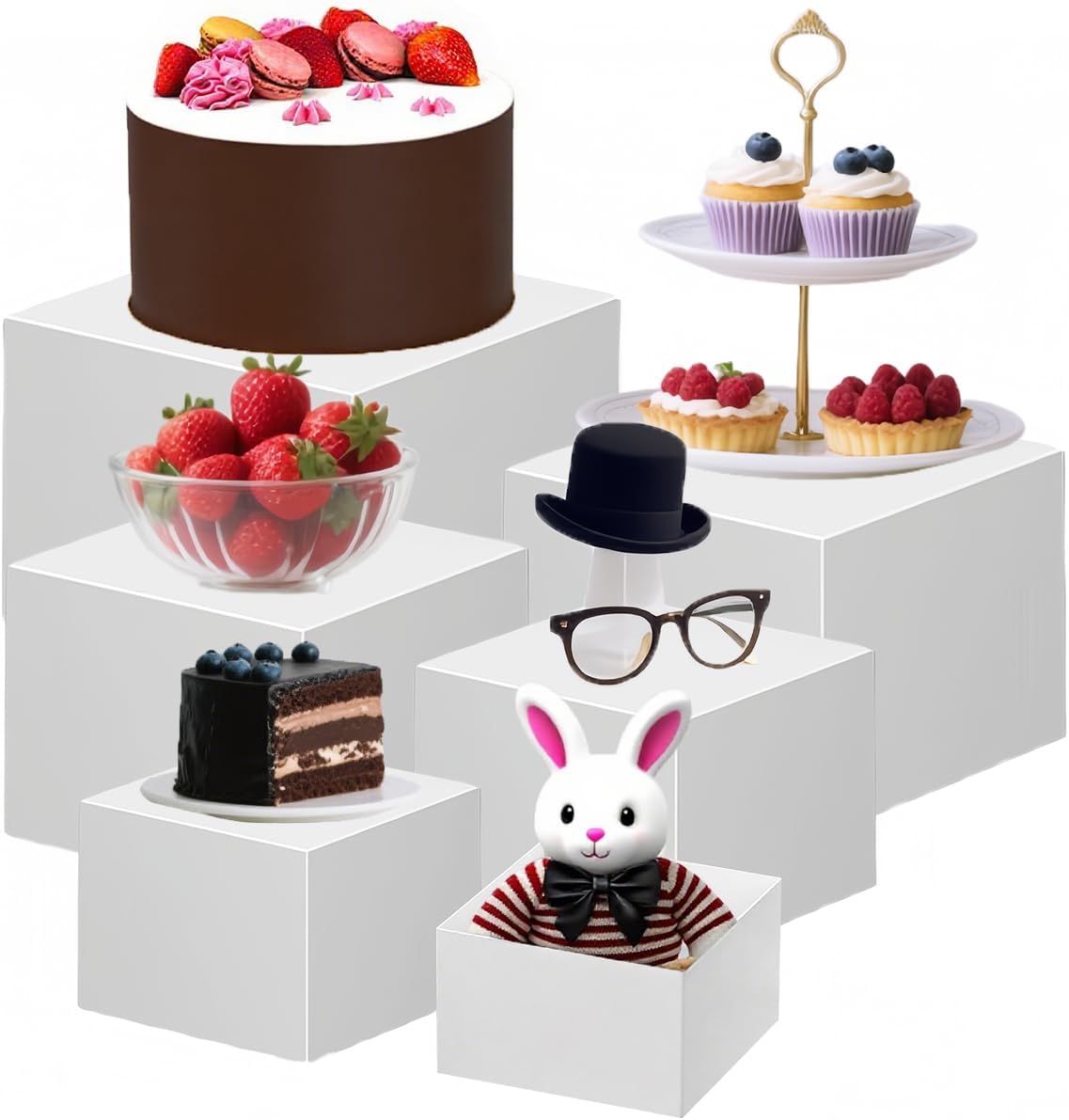 6Pcs Buffet Risers, Food Risers for Buffet Table, Acrylic Display Stands for Party Catering Desset Jewelry Collectibles, Acrylic Cube Boxes with Hollow Bottoms White(10"-9"-8"-7"-6"-5")