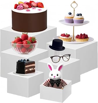 6Pcs Buffet Risers, Food Risers for Buffet Table, Acrylic Display Stands for Party Catering Desset Jewelry Collectibles, Acrylic Cube Boxes with Hollow Bottoms White10"-9"-8"-7"-6"-5"