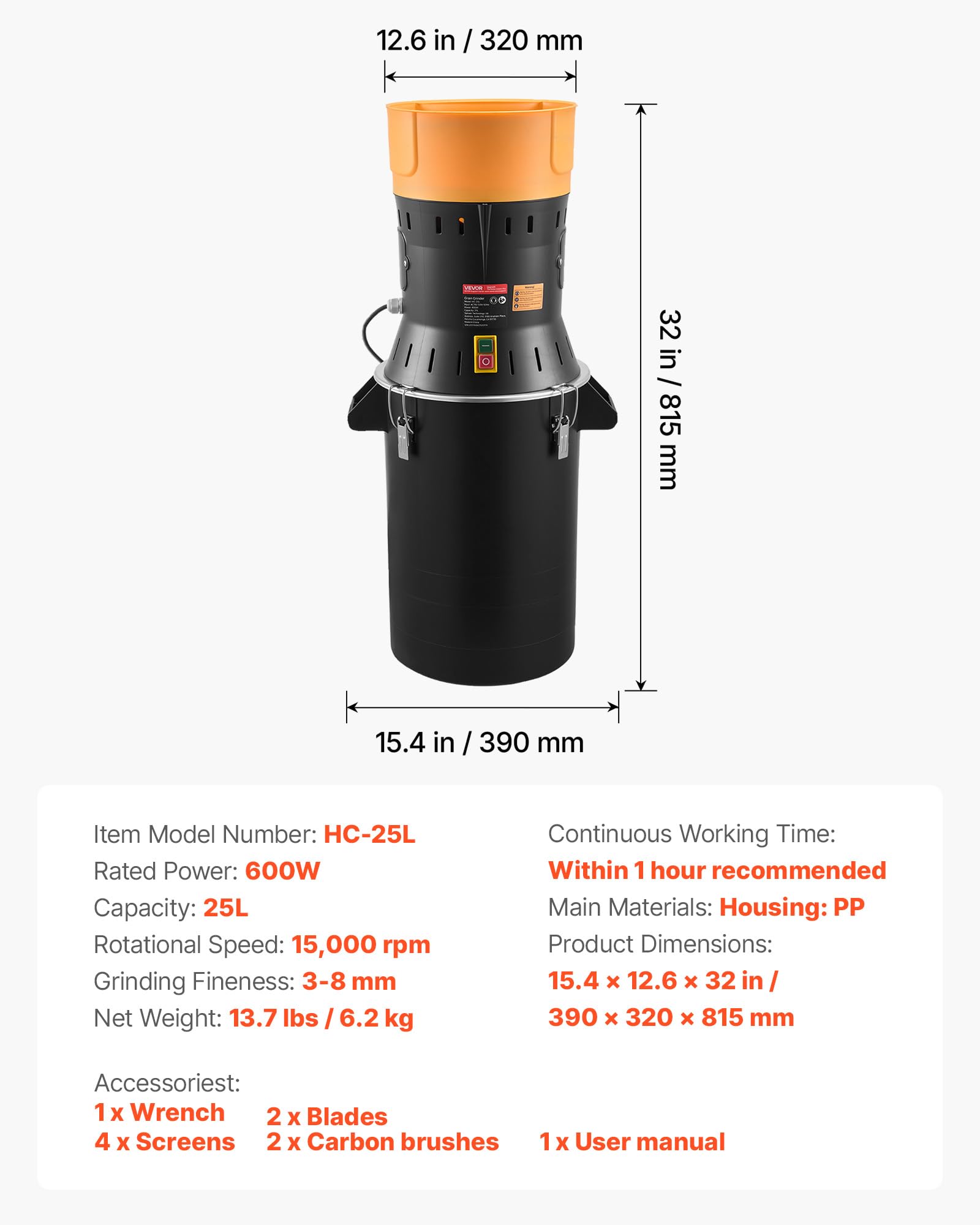 VEVOR Macchina per Polverizzazione Cereali Spezie Grano ad Alta Potenza da 600 W, Polverizzatore da 25 Litri con Lame Affilate Zincate, per Cereali Secchi, Spezie, Chicchi di Caffè, Mais e Pepe