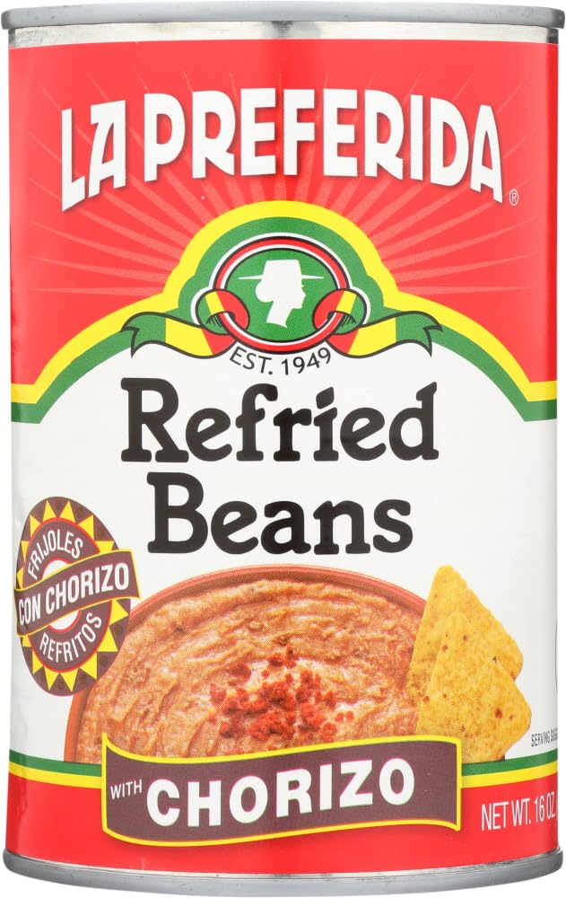 La Preferida Chorizo Refried Beans (Made with Real Pork & Beef, No Preservatives) – Heat & Serve for an Instant Side Dish or Add to Enchiladas, Tostadas & More,16 oz. (Pack of 24)