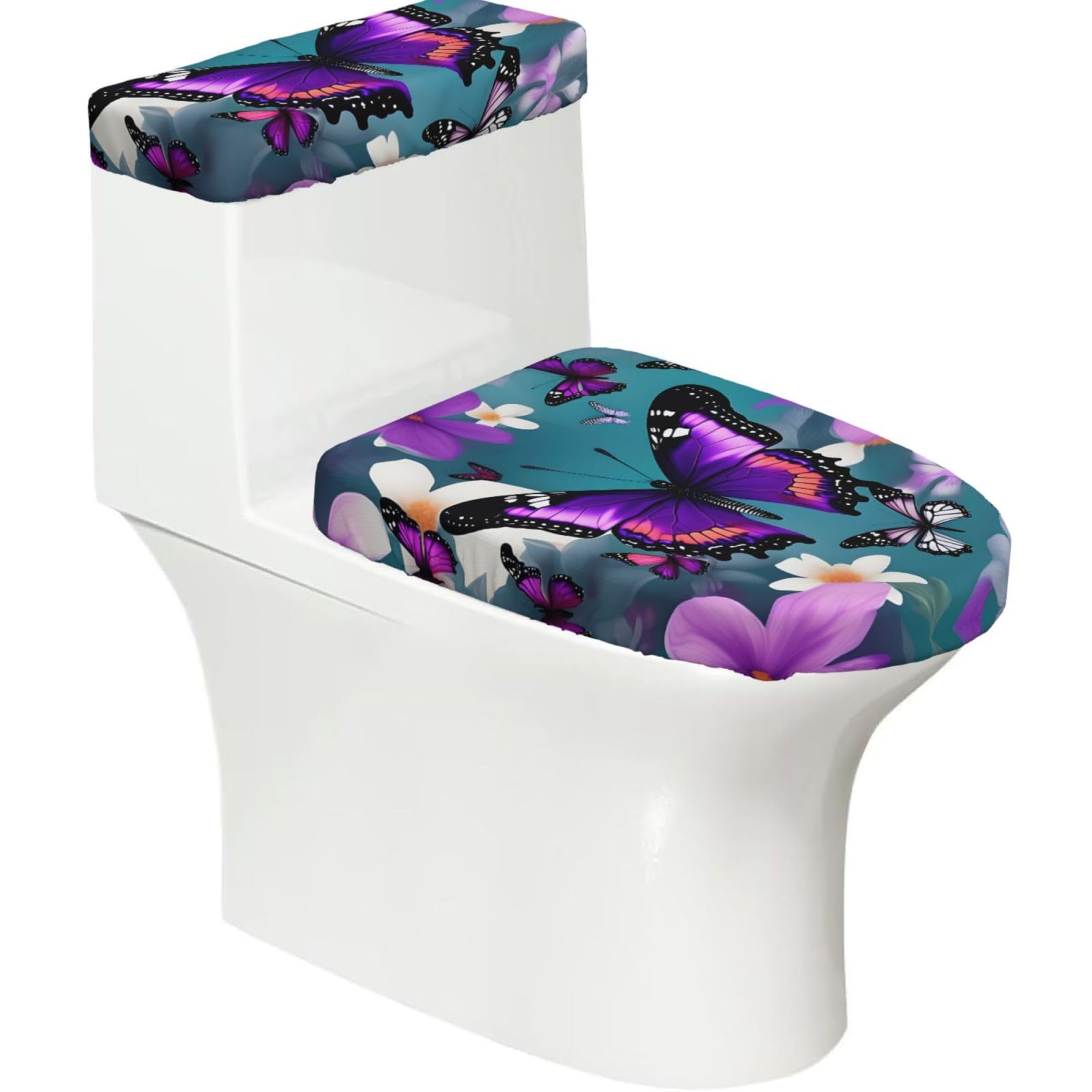 Purple Butterfly and Flowers Printed Toilet Tank and Lid Cover Set of 2 for Most Bathrooms, Fits Elongated Round Toilets