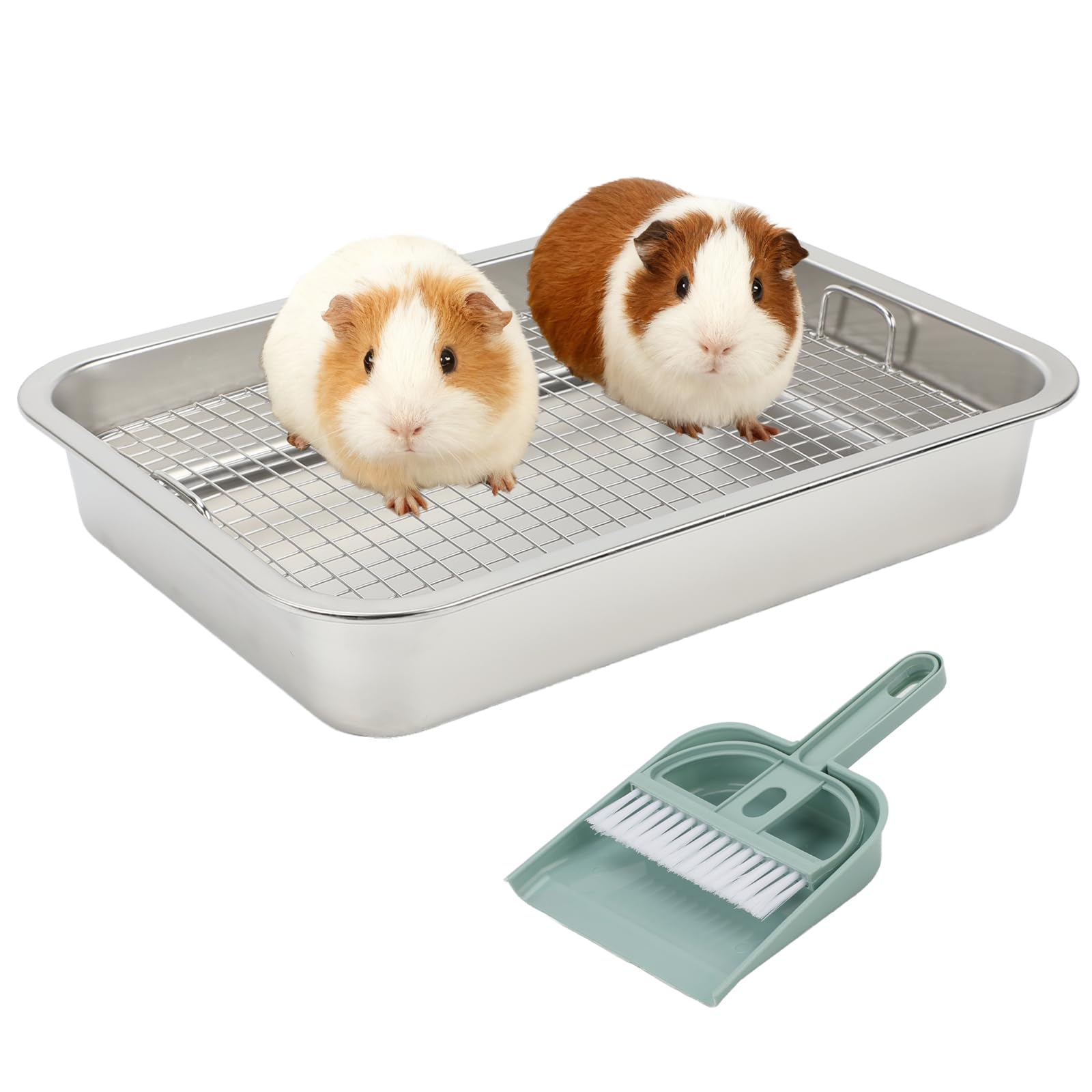 FHTONGE Stainless Steel Guinea Pig Litter Box for Cage, Stainless Steel Litter Pan for Rabbit Rat Hedgehog Hamster Ferret, Rectangular Chinchilla Metal Tray Small Animal Toilet Trainer with Grid