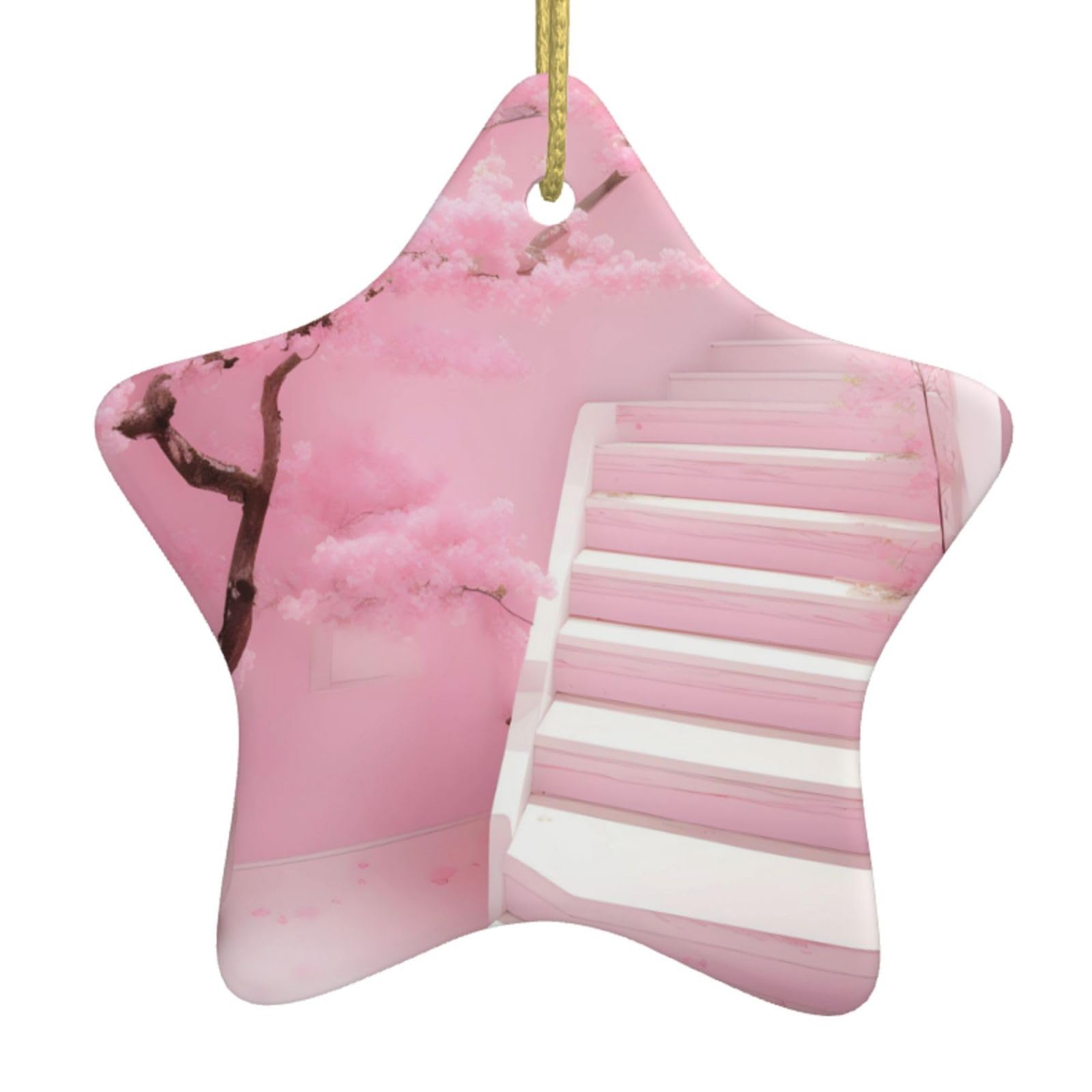 Cherry Blossom White Staircase Christmas Ceramic Star Pendant with Punched Holes and Gold Wire Rope, Christmas Tree Home Decoration