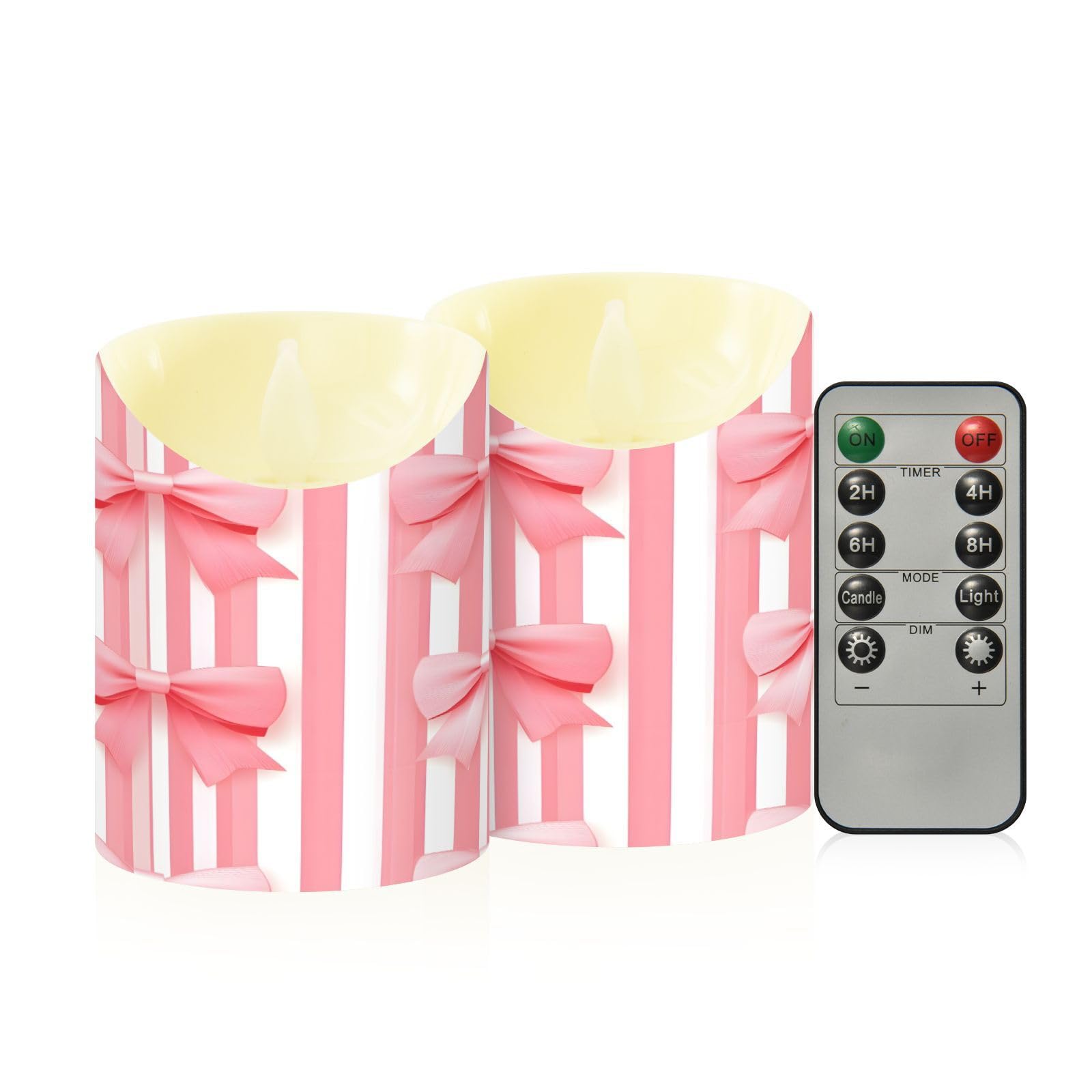 Cgiub Pink Bow Flameless Candles with Timer 2pcs Battery Operated Flickering Flameless LED Pillar Candles for Holiday Home Wedding Fireplace Decor
