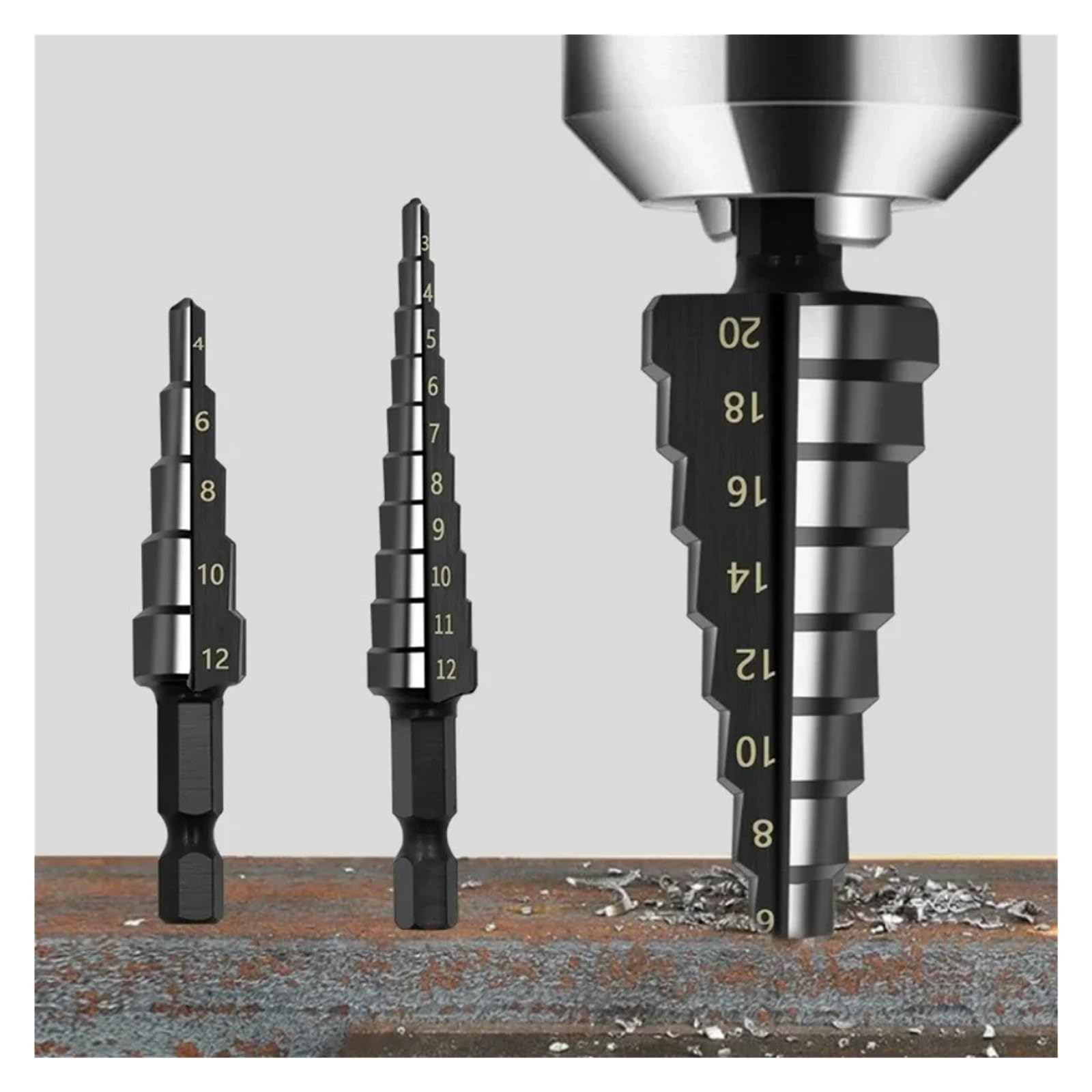 Broca escalonada HSS Vástago Hexagonal, broca escalonada negra de ranura recta, 3-12/4-12/4-20/4-32mm, juego de herramientas de taladro de torre escariado, 3 uds.(Big 3Pcs Set)