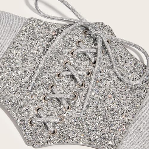 Blingbling Corset Belt Waistband for Women Elastic Costume Waist Belt Sexy Glitter Women Underbust Lace Up Tops, As Show3