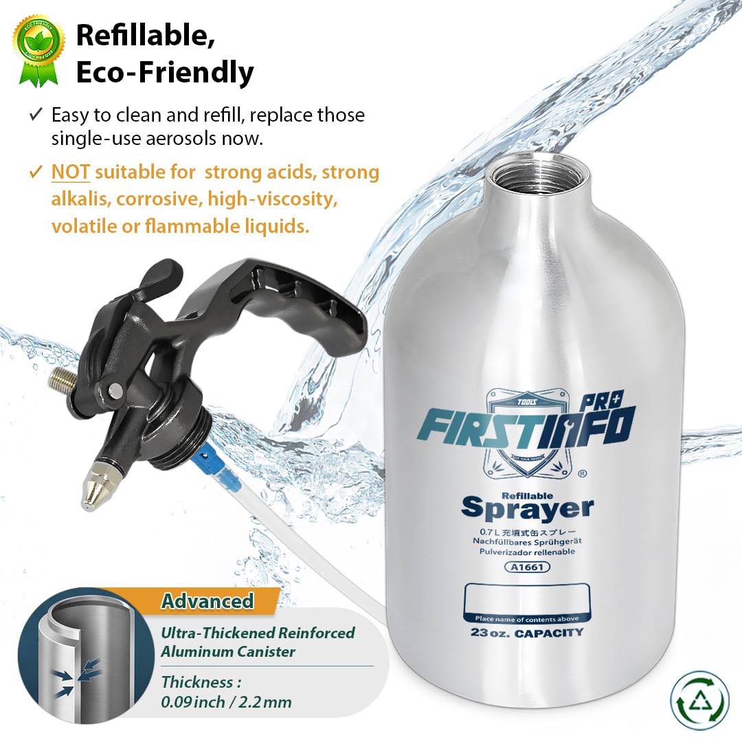 FIRSTINFO Vaporisateur Rechargeable pour Nettoyant Freins 700 ML Aluminium Non Aérosol pour Solvants et Dégraissants, sous Pression avec Buse Brumisateur et Jet Long, A1661