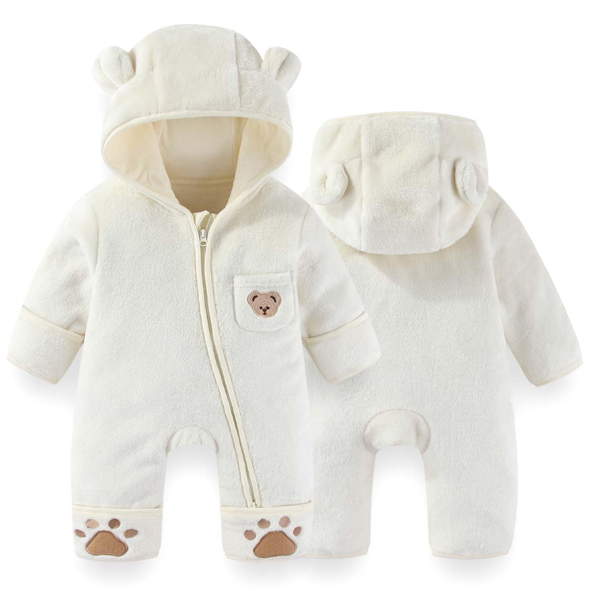 Fairy Baby Newborn Baby Bear Outfit With Fold-Over Mittens Footies Thin Fleece Romper Hooded Jumpsuit Winter Coat Girls Boys