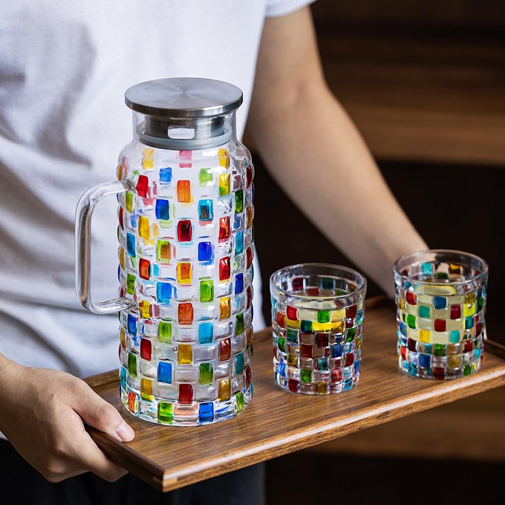 Magcolor Hand Painted Colorful Crystal Glass Pitcher With Stainless steel Lid – Colorful Weaving Design,Hot/Cold Water Jug, Juice and Iced Tea Beverage Carafe(50/oz).
