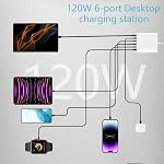 USB C Bloc du chargeur, 6 Ports USB Hub de chargeur mural, 120W USB Station de recharge, Multiport USB C Adaptateur d'alimentation compatible avec iPhone17 16 Pro Max/16/14/13/12/15, Samsung Galaxy, iPad Pro, Comprimés