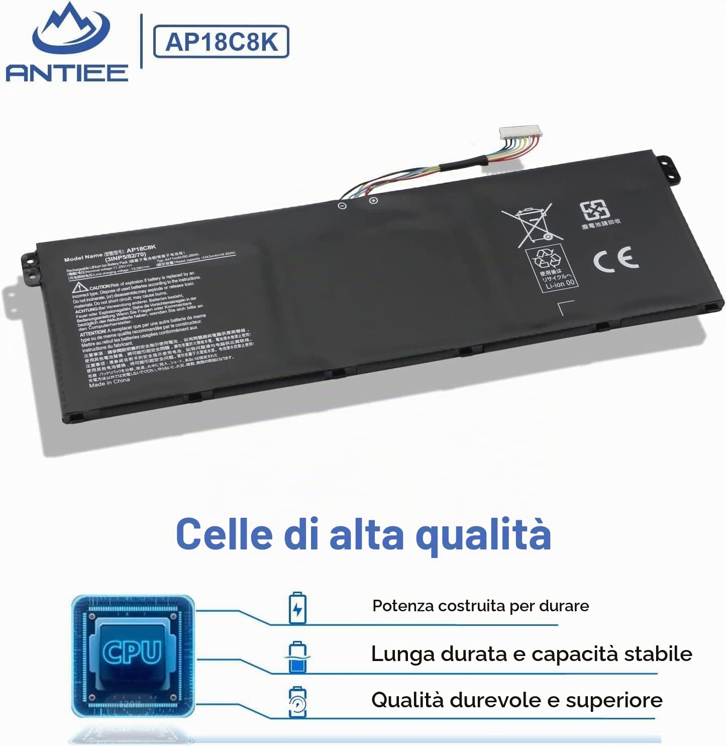 Batteria notebook ANTIEE AP18C8K Acer Swift3 SF314 Aspire5 A515 A715 Spin3 | 11,52V 50,29Wh, compatibile 3INP5/82/70 SF314-42 SF314-57 CB315 A514 A515 A715 TMP215 Spin3 sostitutiva