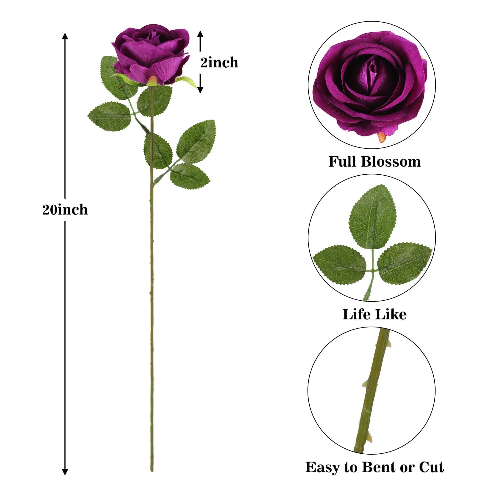 N&T NIETING Lot de 10 roses artificielles réalistes en soie - Longue tige unique - Faux bouquet de mariée pour mariage, maison, fête, arrangement de Saint-Valentin, décoration (violet, 51 cm