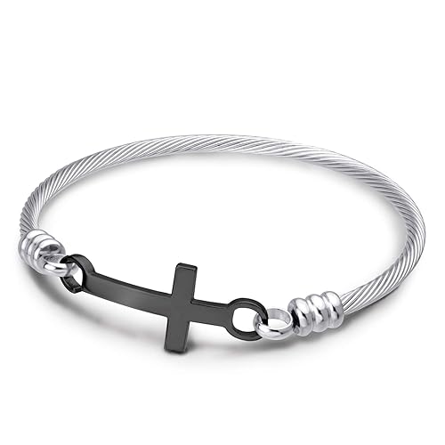 555Jewelry Stainless Steel Metal Religious Cross Clasp Men Bangle Women
