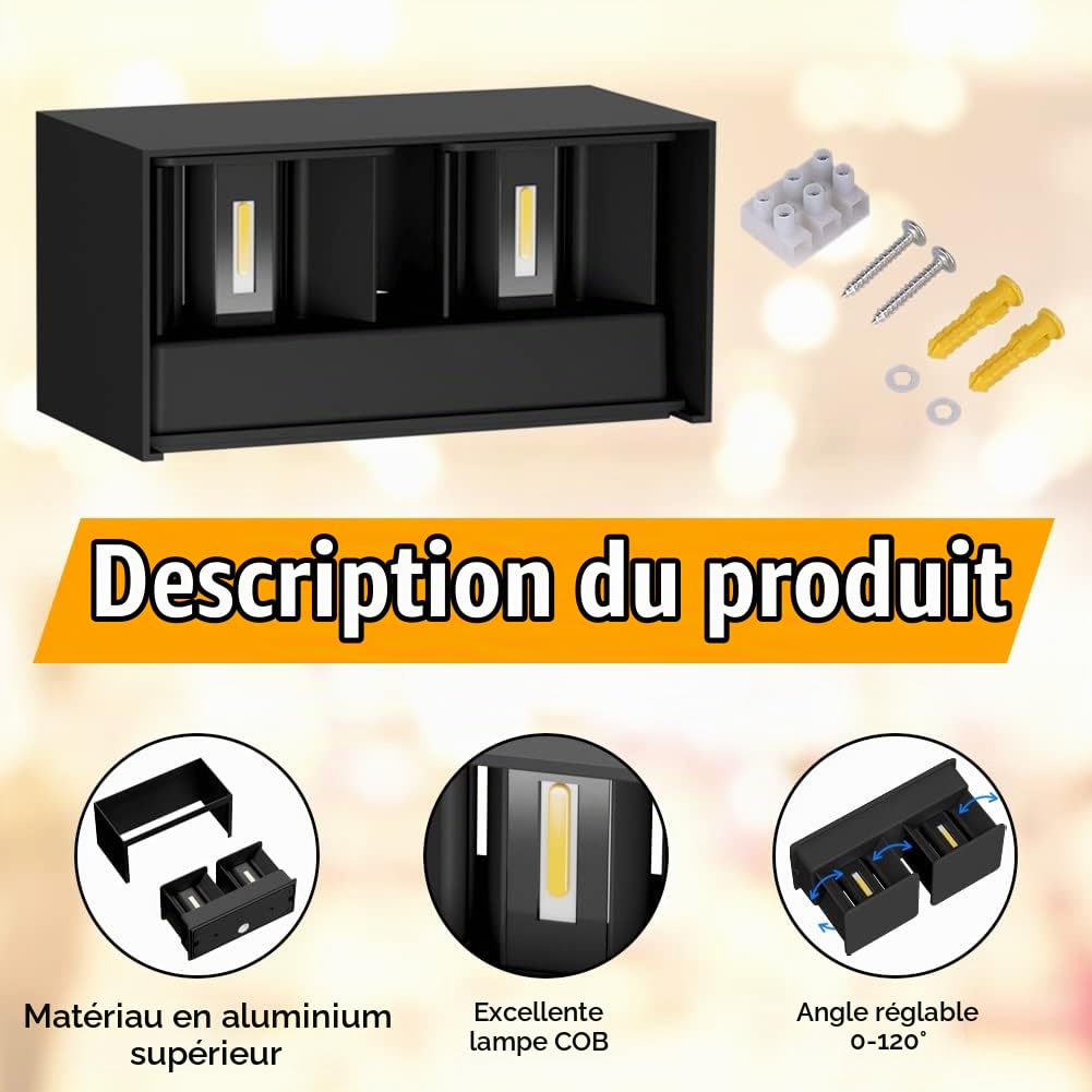 Klighten 24W Applique Mural Intérieur/Extérieur Faisceau Réglable Applique Murale LED IP65 Étanche 3000K Blanc Chaud Appliques Murales Noir