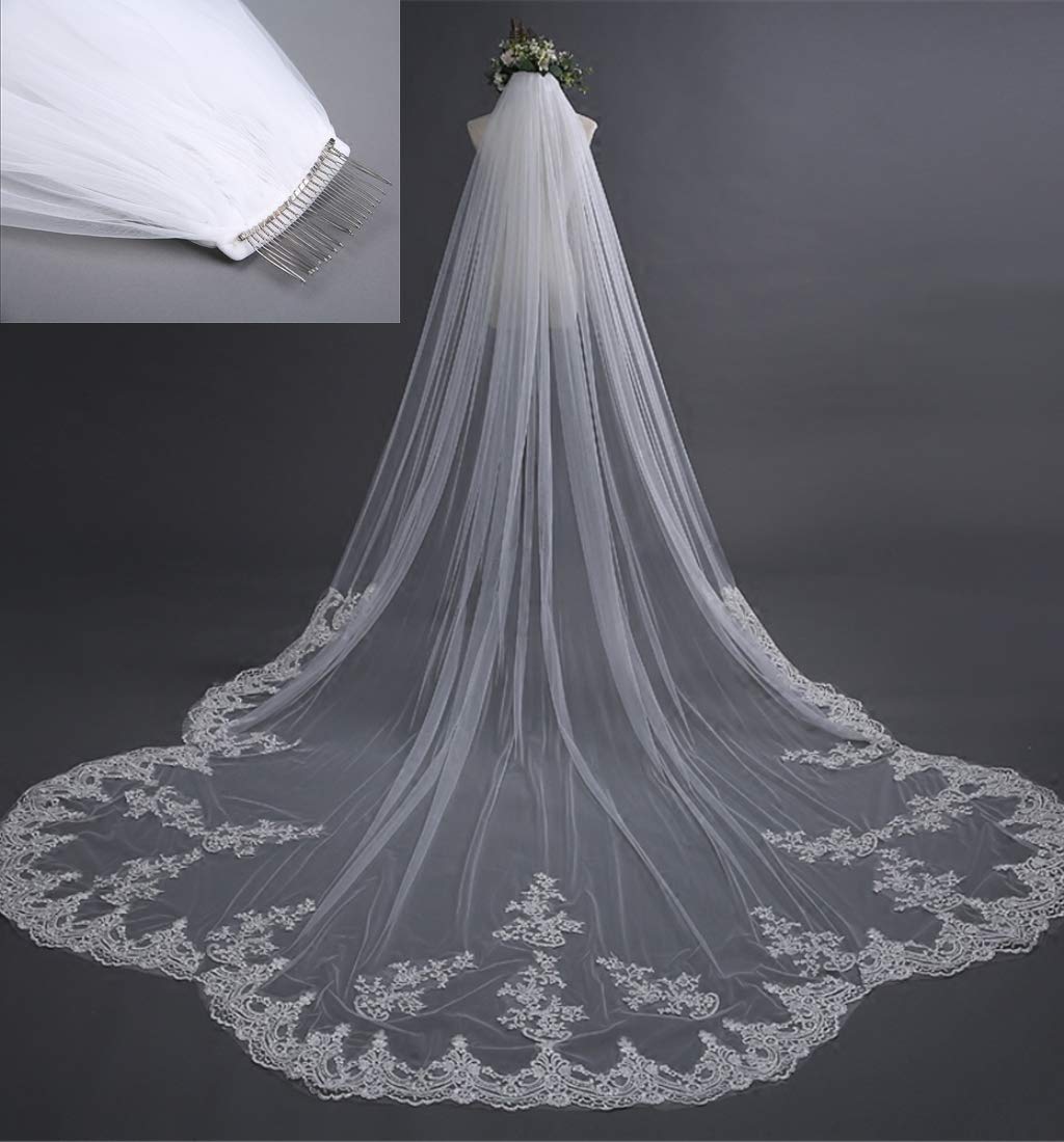 Little Poor Velo de boda de 2 animales, velo de novia, hecho a mano, encaje floral, borde de corte elegante, largo catedral, tul suave simple con peine, 4 m
