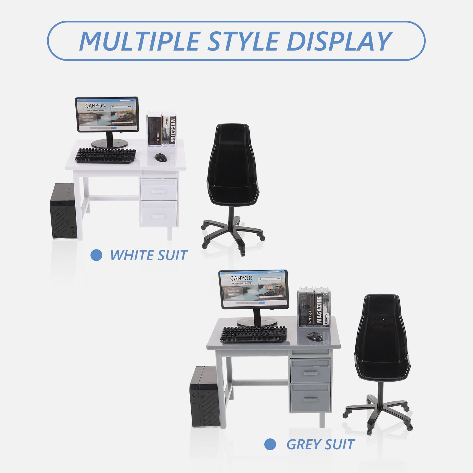 Balacoo Set di 2 set di scrivania per computer in miniatura, scala 1:12 | Accessori per mobili per casa delle bambole con computer, tavolo, sedia, tastiera, mouse, monitor libri, CPU
