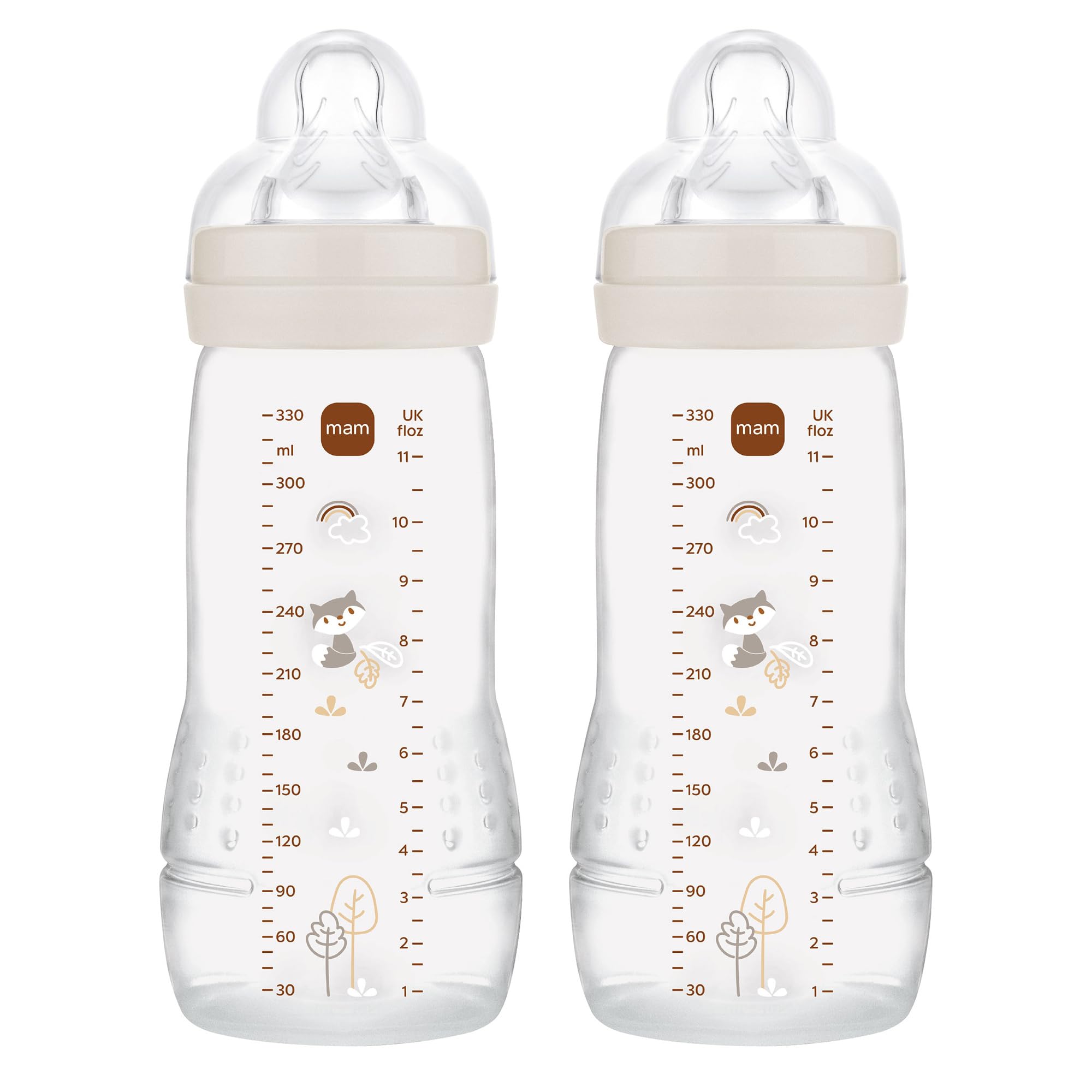 MAM Pack 2 Biberones, a partir de 4 Meses, 330ml, con Tetina 3 de Flujo Rápido de Silicona de Fácil Aceptación, Fácil de Sostener, Fácil de Limpiar, MAM Easy Active, Neutro Brillante, Pack de 2uds