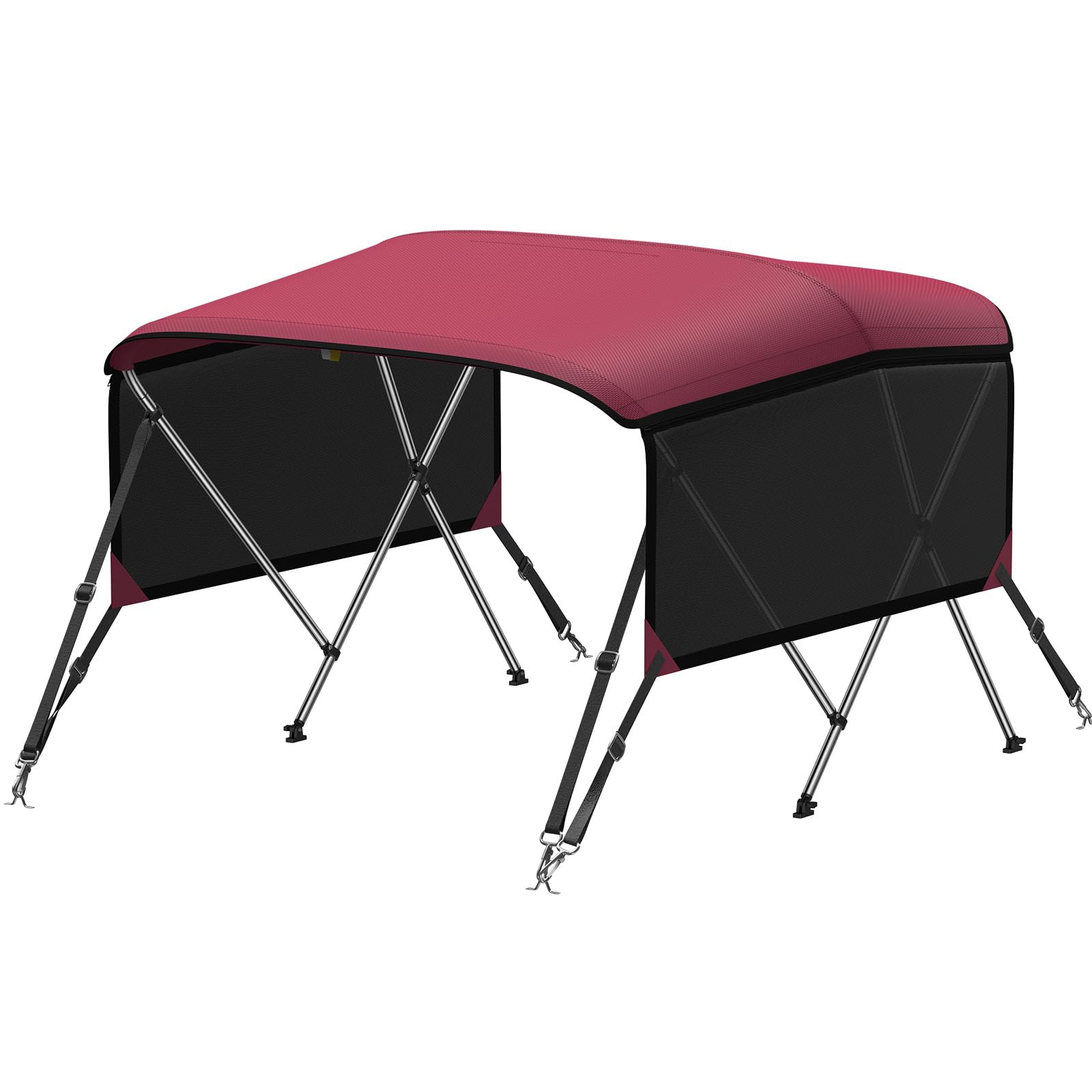 Photo 1 of KAKIT Bimini Tops with Mesh Sidewalls Support Poles for Boats Marine Grade Canvas Top Includes 2 Straps Storage Boot 1 Inch Aluminum Frame(3 Bow 6'L x 46" H x 85"-90" W,Burgundy)