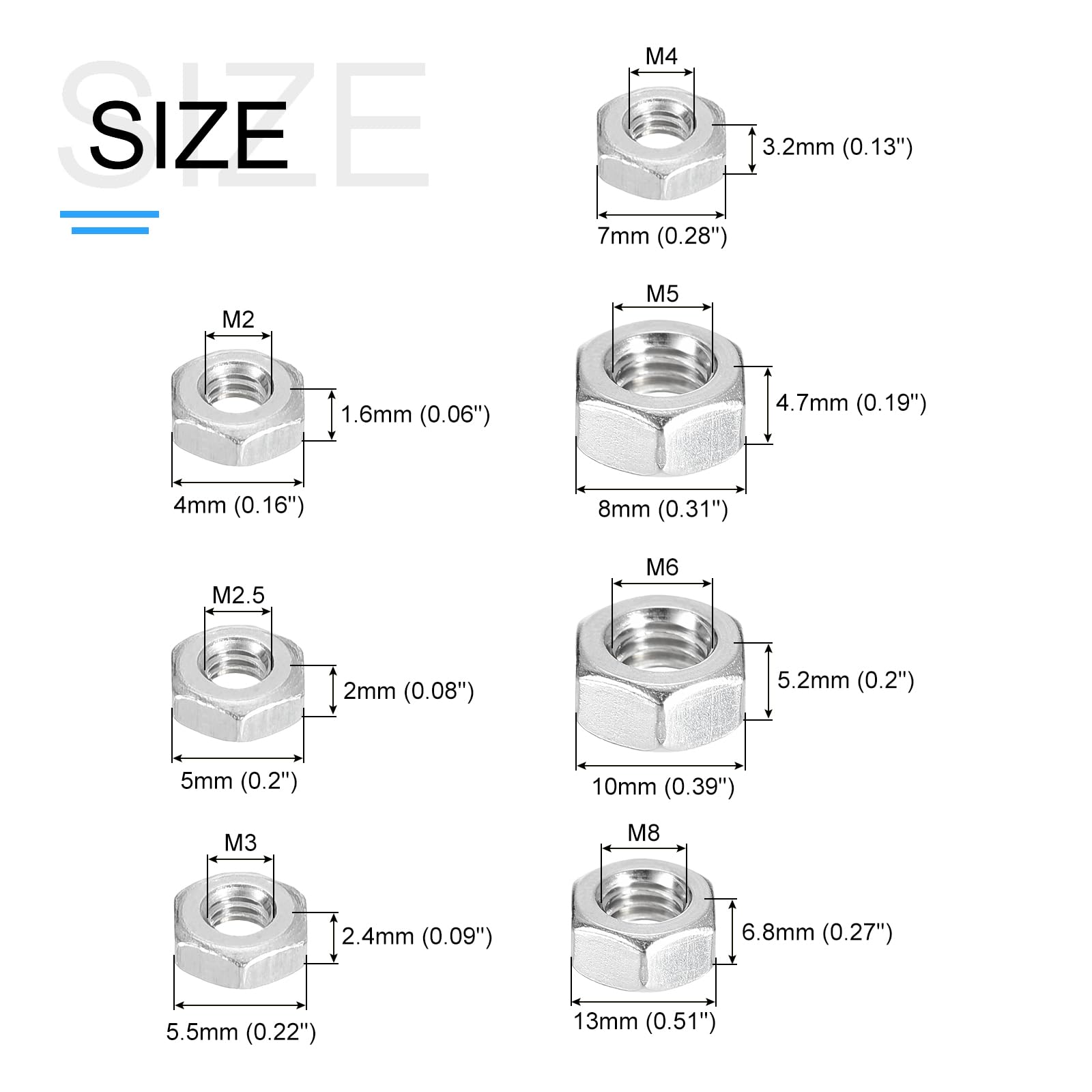 METALLIXITY Hex Nuts Assortment Kit (M2-0.4, M2.5-0.45, M3-0.5, M4-0.7, M5-0.8, M6-1, M8-1.25) 360Pcs - Image 2