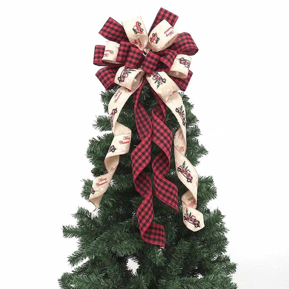 Kerio Christmas Tree Topper Bow Red and Black Buffalo Plaid Decorative Bow Christmas Bowknot Ornaments for Rustic Farmhouse Decoration, 34x12 Inches
