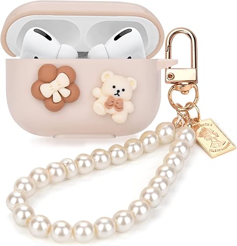 Mainrenka Linda funda Kawaii AirPods Pro para mujeres y niñas, funda estética para Airpod Pro con cadena de perlas, funda protectora suave y suave