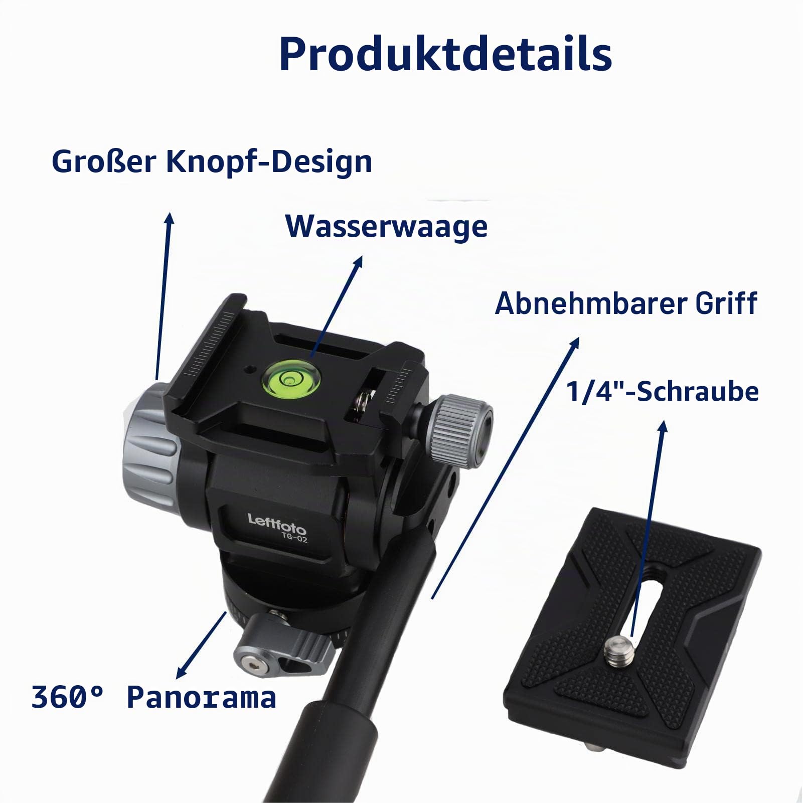 LEFTFOTO Mini-Stativ-Fluidkopf, Schwenkneigkopf mit Panorama-Kugelkopf und Arca Swiss Schnellwechselplatte, für Kamerastativ, kompakte Video-Gleitschiene und DSLR-Kameras.