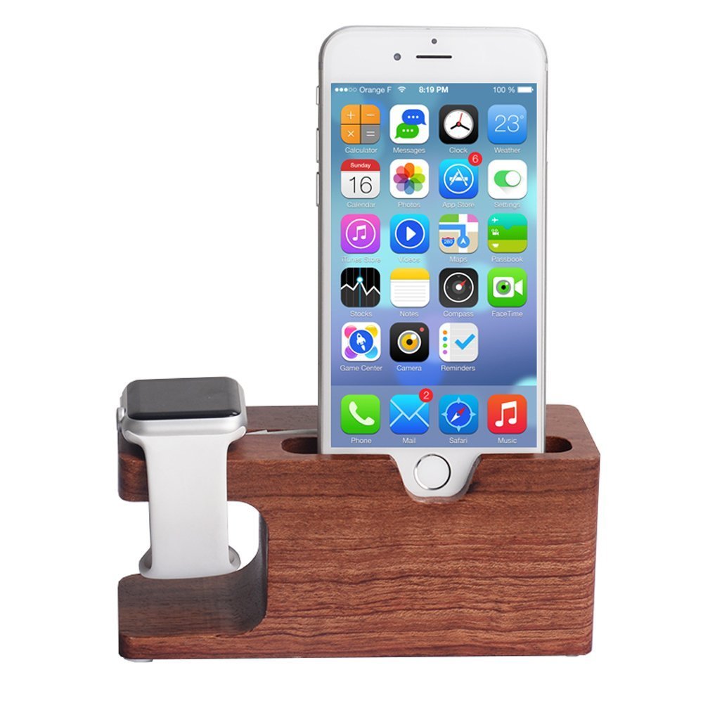 Support de Charge en Palissandre, Station de Chargement de Bureau pour iPhone XS Max XR X 8 7 6 6S Plus Apple Watch 2 3 4 iWatch 38 mm et 42 mm Samsung S9 S8 Note 8 9