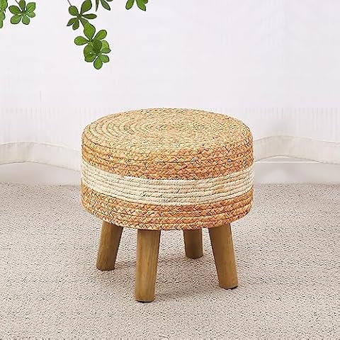 Cpintltr Round Ottoman Natural Seagrass Footstool Hand Weave Water Hyacinth Poufs Eco Friendly Sofa Foot Stool Soft Step Stool Padded Foot Rest with Pine Legs for Living Room Bedroom White Cover