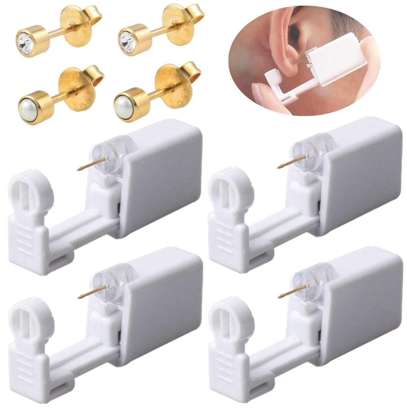 NUMAMA4Pcs Disposable Ear Piercing Tool Safety Asepsis Painless Piercing Guns kit with 4 Ear Studs (Golden)
