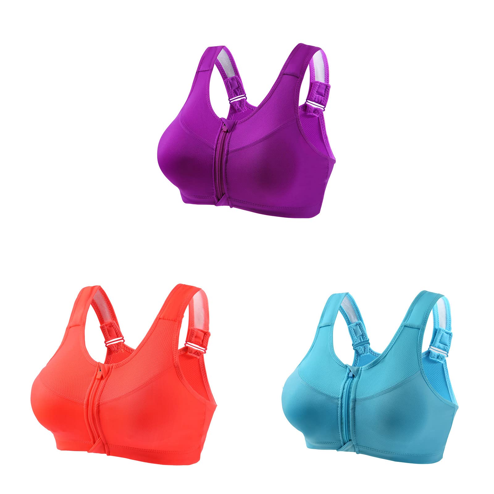 Women's Plus Size Sports Bras 3 Pack Front Zip Closure Bra Removable Padded Running Gym Bra Sexy Crop Workout Tank Top