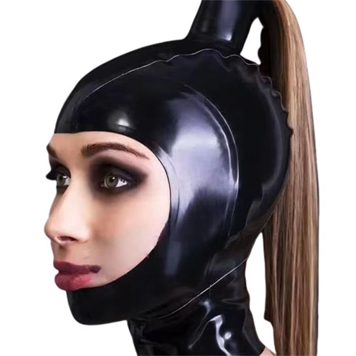 Negro Látex Cabeza Cubrir con Peluca,Látex Máscara de Cabeza Capucha de Goma Cabeza Cubierta para Cosplay Fiesta Ropa de Club (XS)
