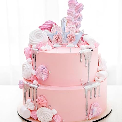 Miniatura 5 de Velas de cumpleaños de 0 a 9, 2.95 pulgadas con lazo rosa con purpurina para decoración de tartas para niños, niñas, adultos, cumpleaños, boda,