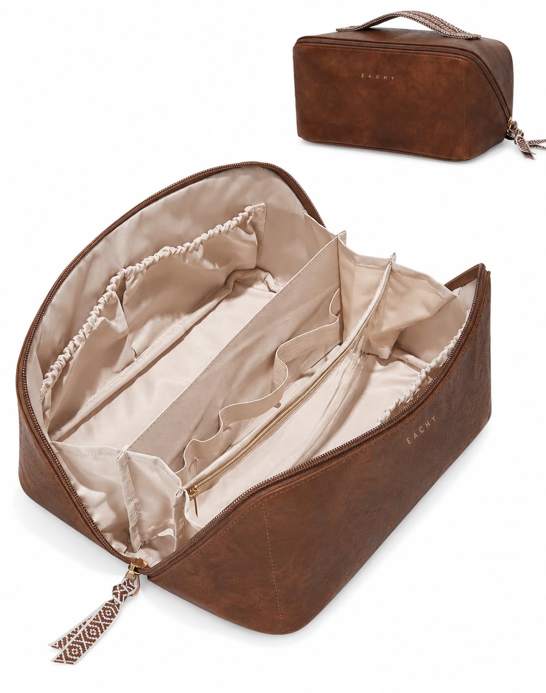 EACHY Travel Makeup Bag for Women, PU Leather Cosmetic Bag, Brown, Large