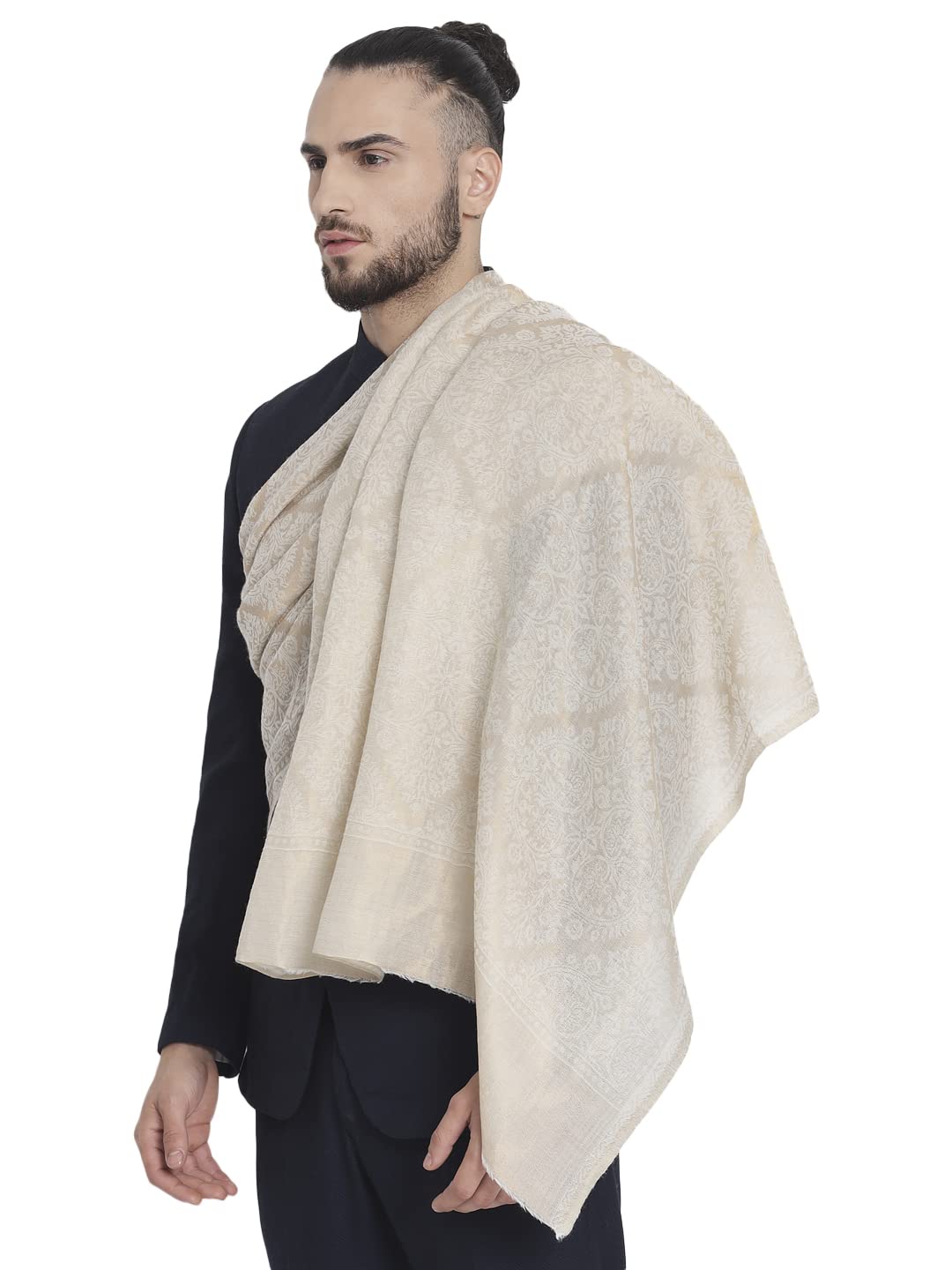 Pashtush Mens Twilight Collection, Jacquard Stole, With Metallic Thread Weave, Fine Wool - English Ivory 1