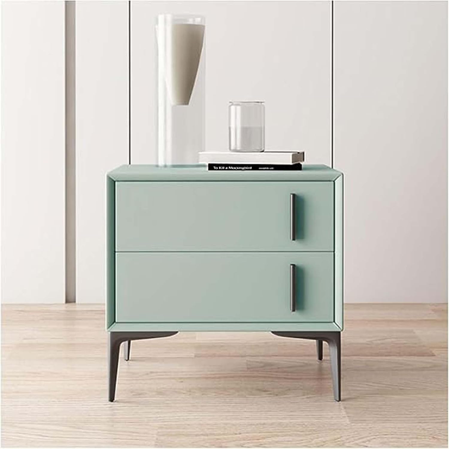 Mesita de noche Mesita de noche de piel sintética con 2 cajones y patas negras de metal de mediados de siglo, moderna mesita de noche para