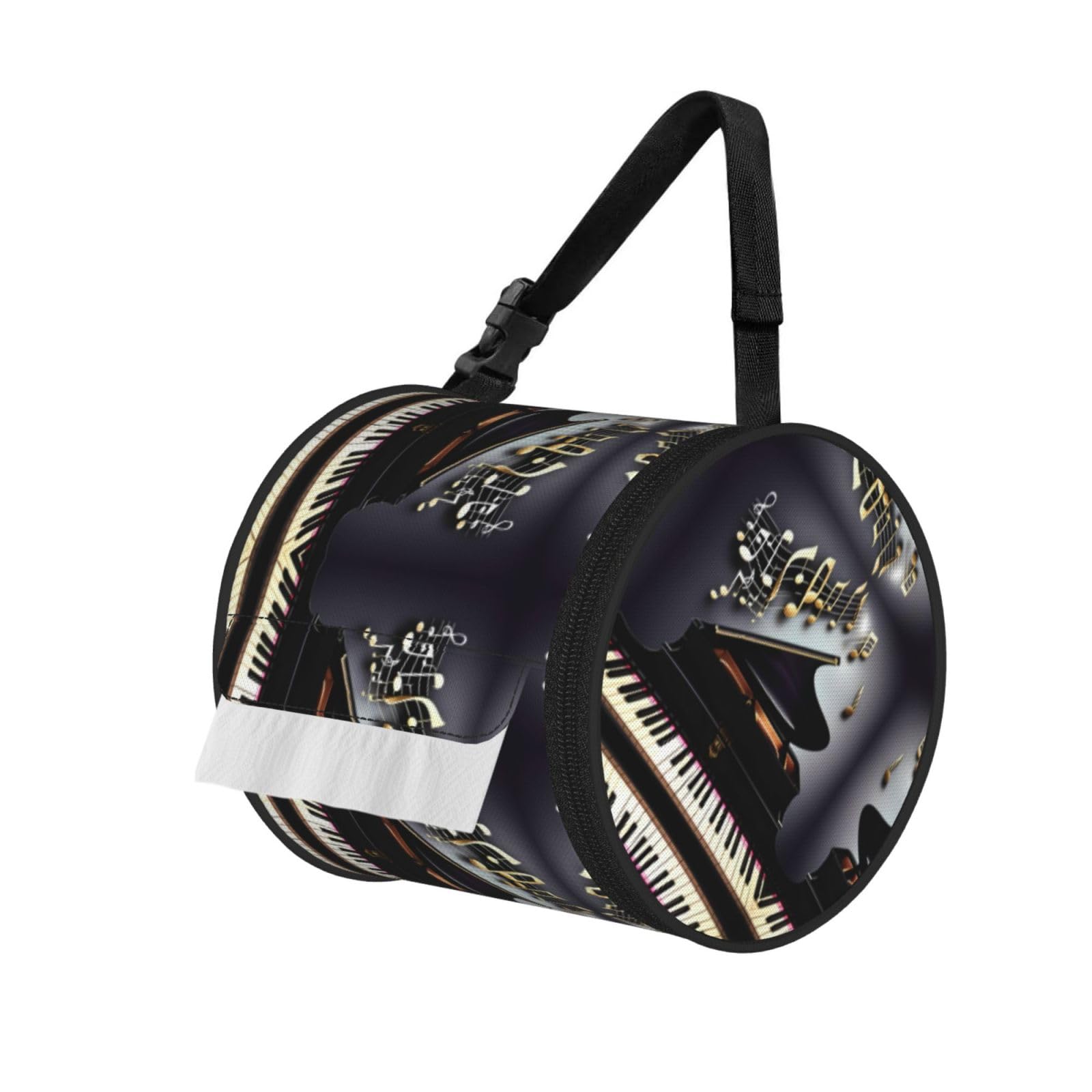 Jiuty Black Music Note Pianos Print Cylinder Tissue Organizer Bag With Strap, Portable Toilet Roll Holder For Camping Car