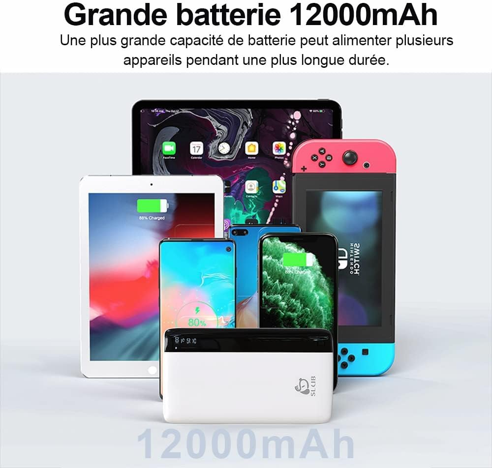 SLuB Power Bank shown with various devices including smartphones, tablets, and a Nintendo Switch