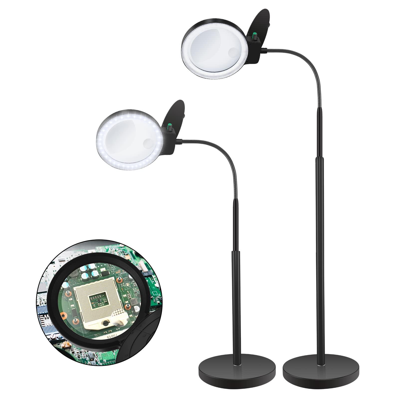 JUOIFIP Floor Mounted Magnifying Glass-5X Glass with Light and Stand, LED 5 Color Modes, Stepless Dimmable Lamp, Adjustable Swing Arm Lighted Magnifier Lamp for Craft, Esthetic, Black Ground Round