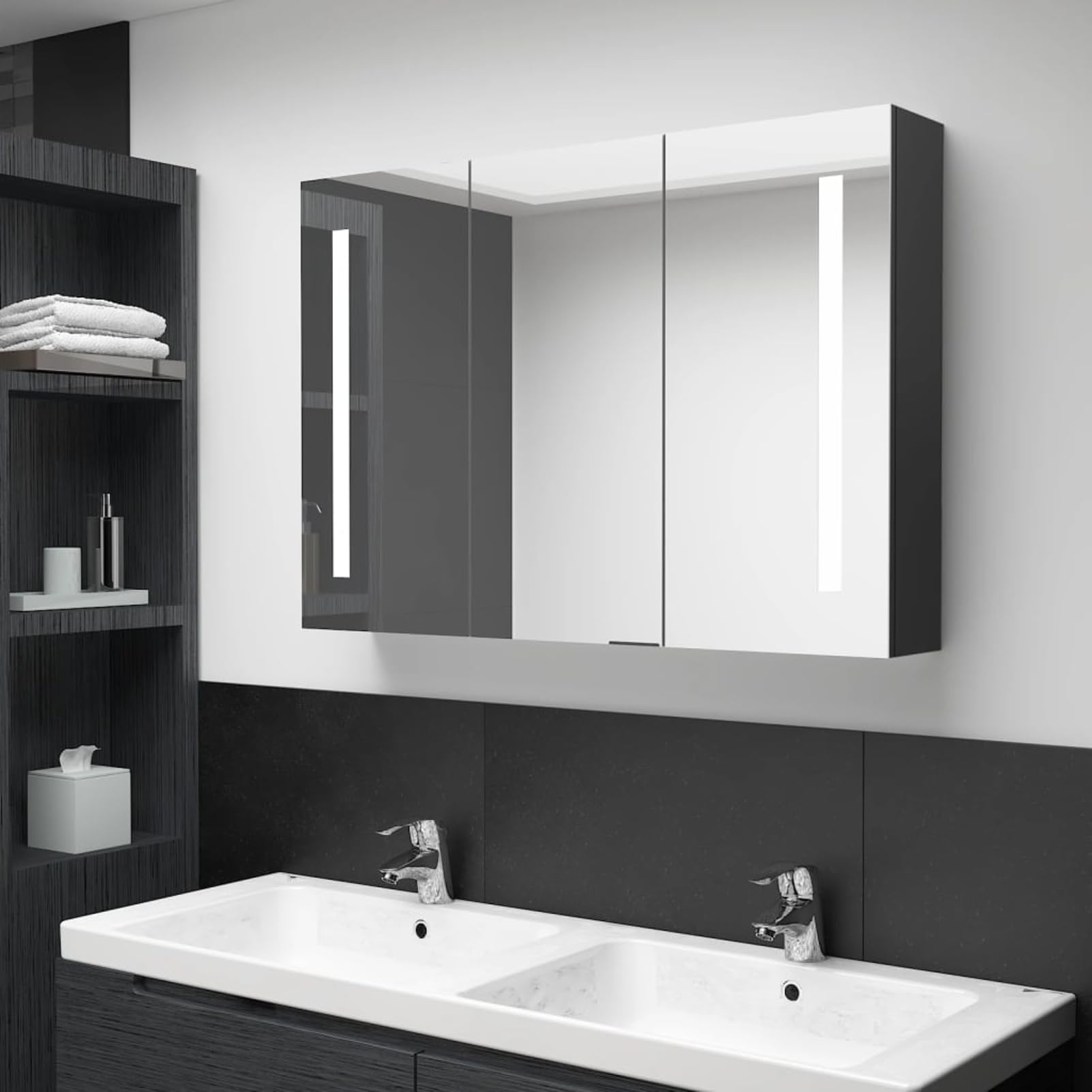ATOMSTACK MAKER Spiegelschrank Badezimmer 89x14x62 cm, glänzend schwarz, MDF-Melamin mit 3 Türen, 5 Ablagen & dimmbarem Licht – USB-Stromversorgung (5 V), für Make-up, Rasur & Pflege