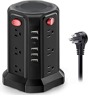 Power Strip Tower Surge Protector, 16.4 FT Extension Cord with 12 AC Outlets 5 USB Charging Ports Desktop Charging Tower Station for Multiple Devices for Home Office Dorm Room Black