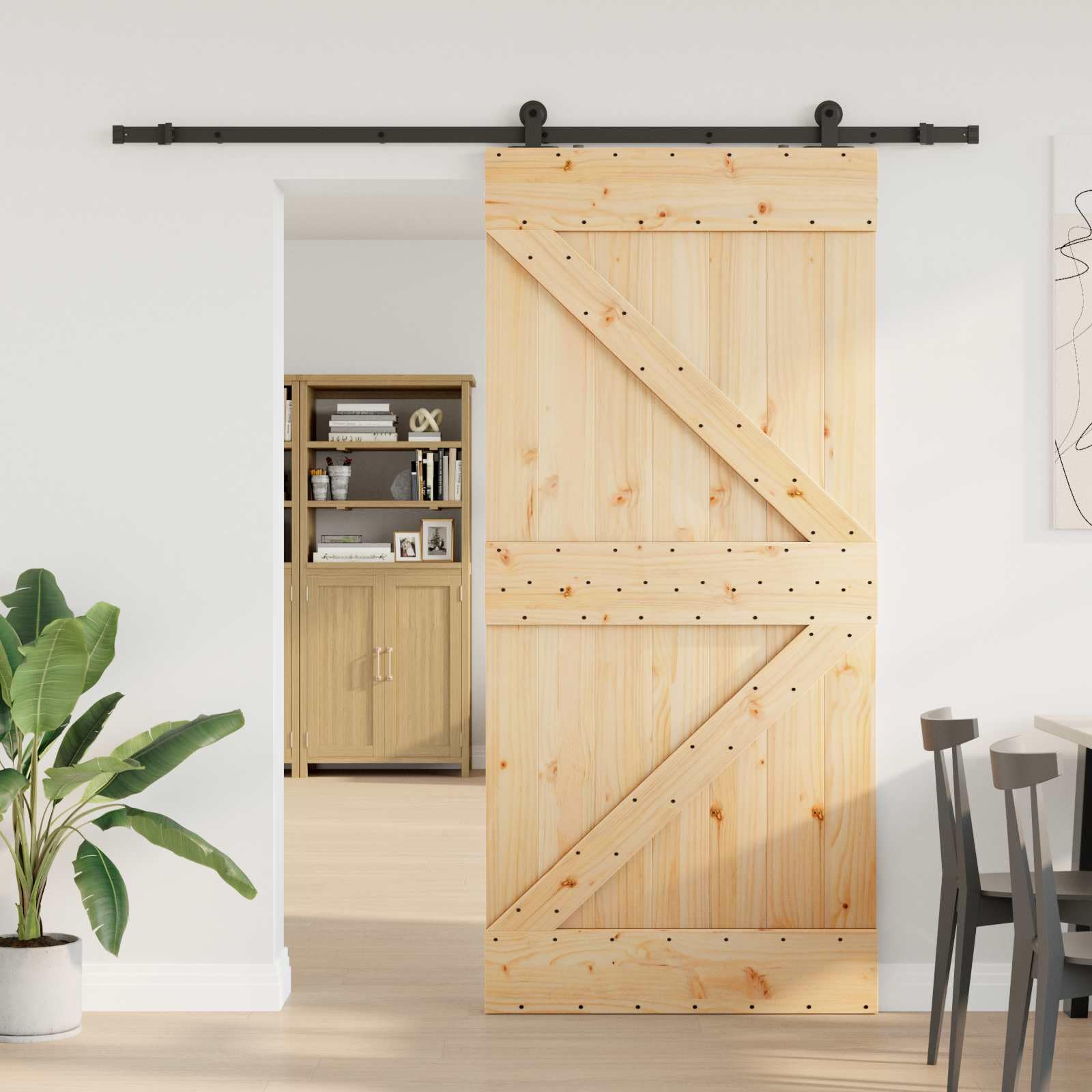 Narvik - Porta scorrevole in legno di pino massiccio con binario in acciaio verniciato a polvere, 100 x 210 cm, design salvaspazio, divisorio con meccanismo scorrevole leggero