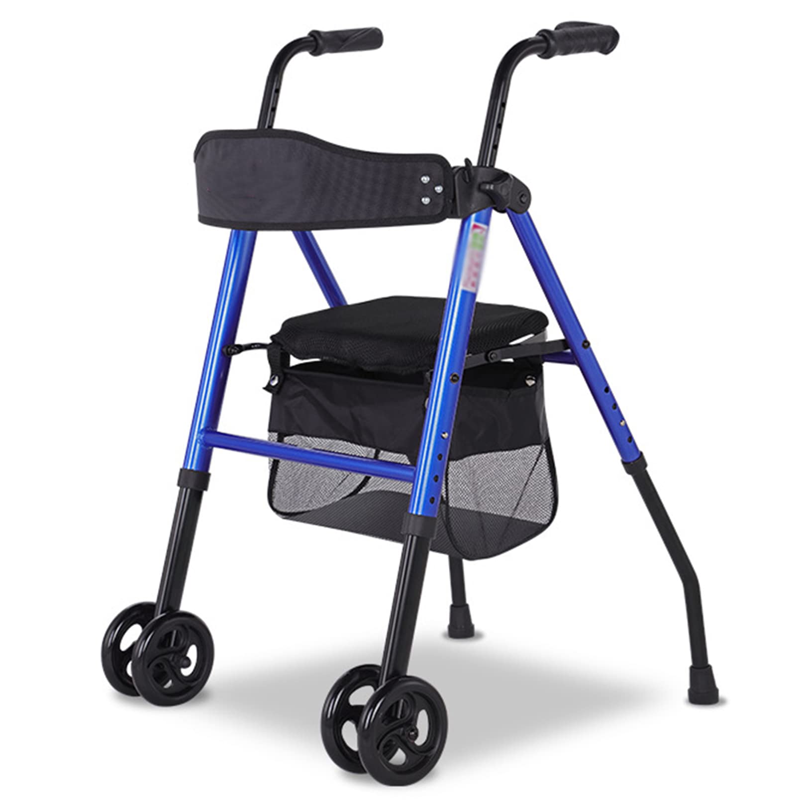 Andador de 4 ruedas con asiento, plegable, ligero, para personas mayores, con asiento y ruedas, de aluminio, color negro, con cesta para la compra.